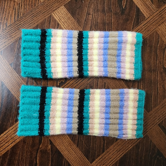 FP Arm Warmer Fingerless Gloves Knit Striped Turquoise & Cornflower Blue Tan - Picture 4 of 5